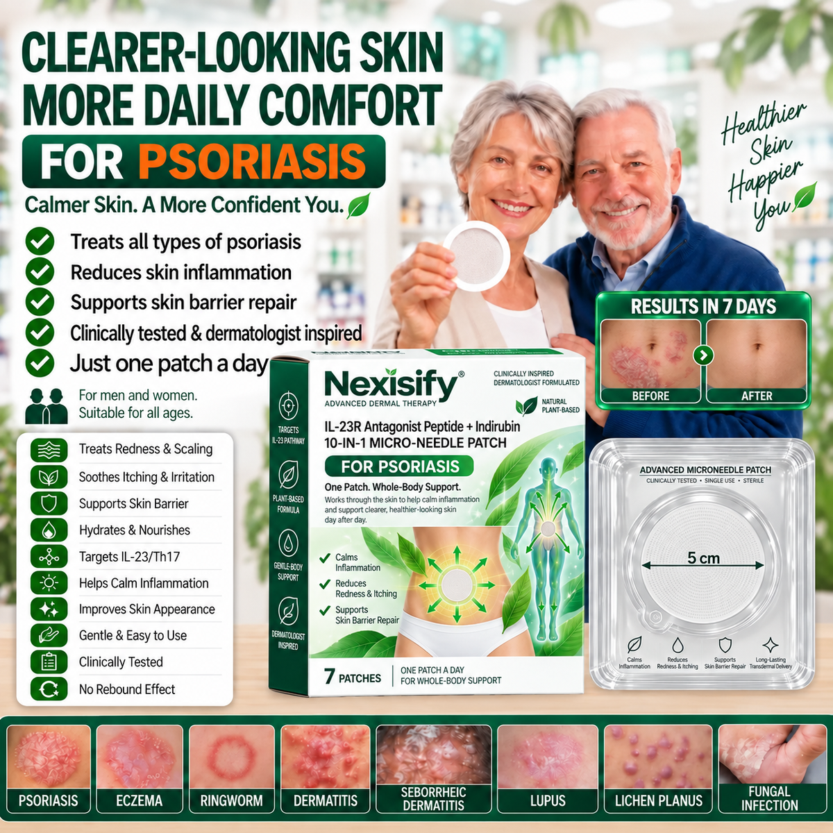 Nexisify®🏆🏆 IL-23R Antagonist Peptide + Indirubin 10-IN-1 Nano Microneedle Patch（Helps Reduce Visible Redness & Scaling, Soothe Dryness & Itching, Support Healthier Skin Cell Turnover & Skin Barrier Repair）