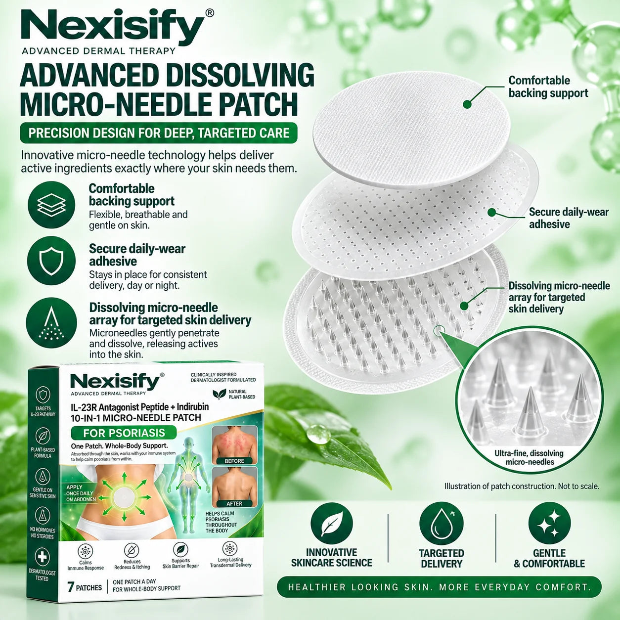 Nexisify dissolving micro-needle patch construction illustration
